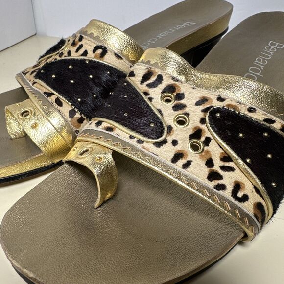 Bernardo Slip On Sandal Heels Gold Calf Hair Animal Print Size 9 Made in Brazil - Picture 12 of 12